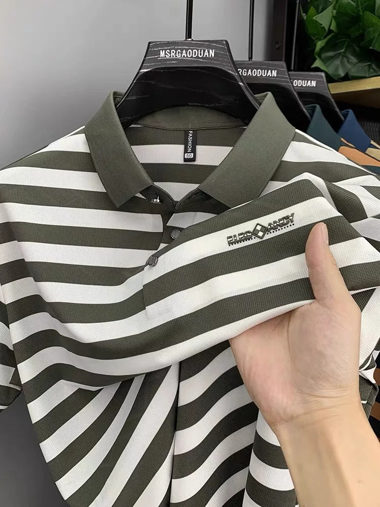 High end short sleeved mens polo shirt summer fashion striped exquisite button ice silk T-shirt 241206