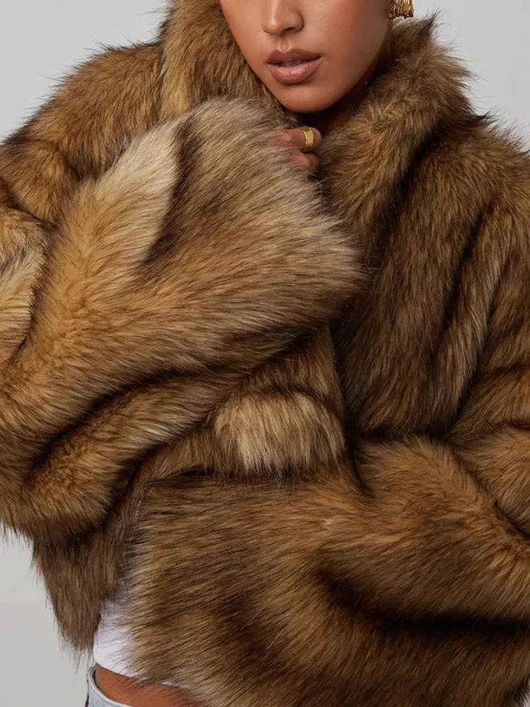 Fashion Fluffy Faux Fur Coat For Women Warm Lapel Long Sleeve Short Jacket 2025 Winter Female High Street Outerwear 241206