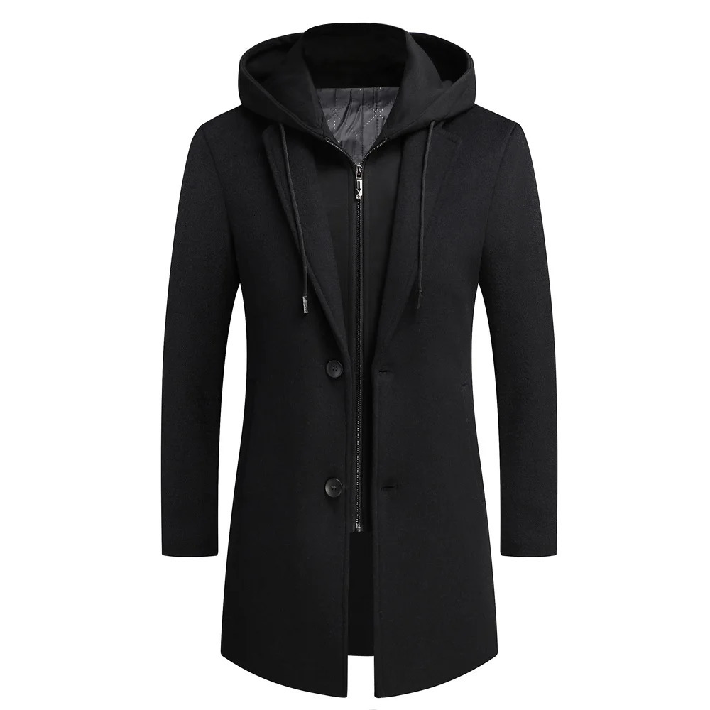 winter wool coat mens fashion double neck thick jacket hat detachable trench coat mens casual wool blend coat mens coat 241204