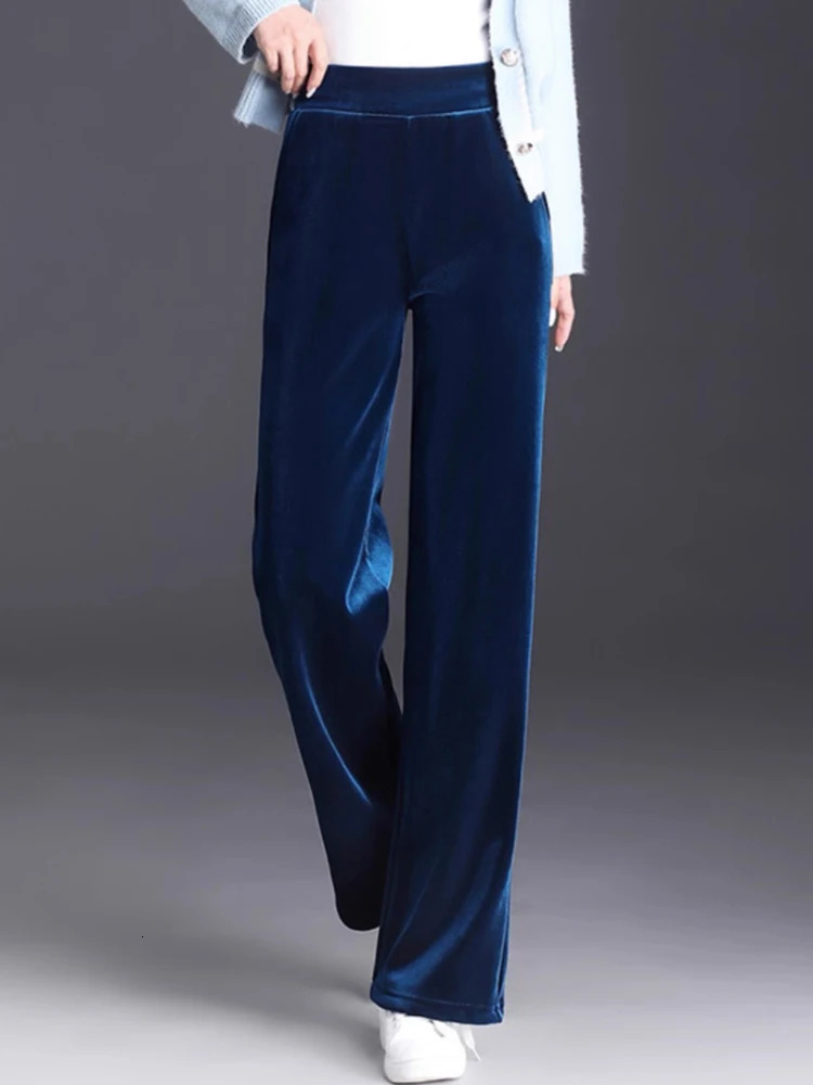 Gold Velvet Wide Leg Pants Spring/Summer High Waist Pendant High Quality Casual Pants Blue Loose Straight Womens Pants 6XL 241202