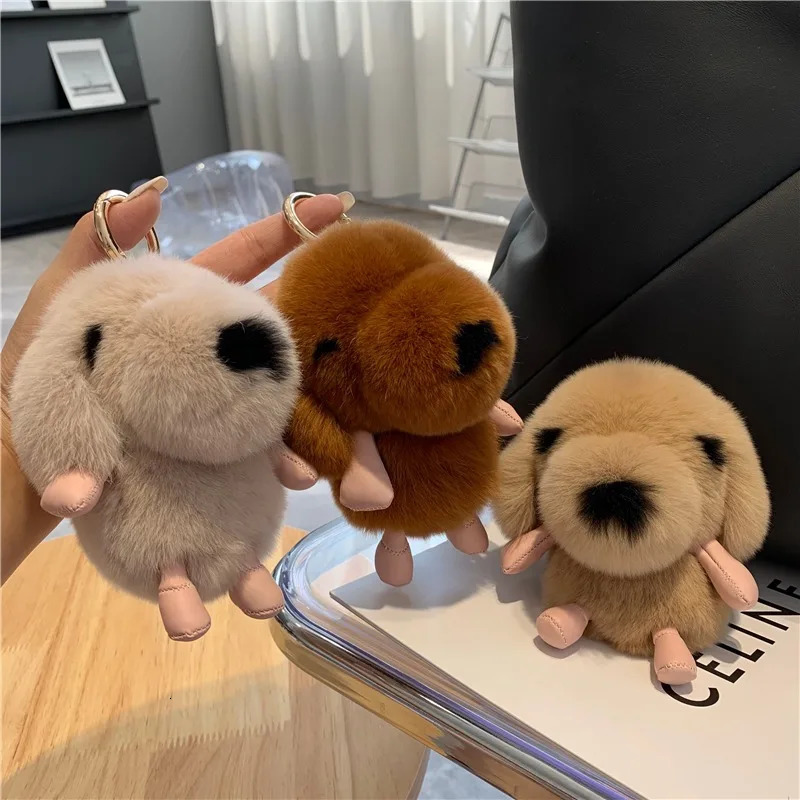 Pendant Keychain Puppy Cute Puppy Real Rex Rabbit Fur Pavilion Keychain Womens Bag Wallet Decoration Accessories Gift 241206
