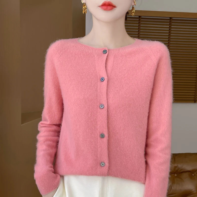 100 Merino wool long sleeved sweater cashmere cardigan spring and autumn womens Oneck knitted top fashionable basic 241206