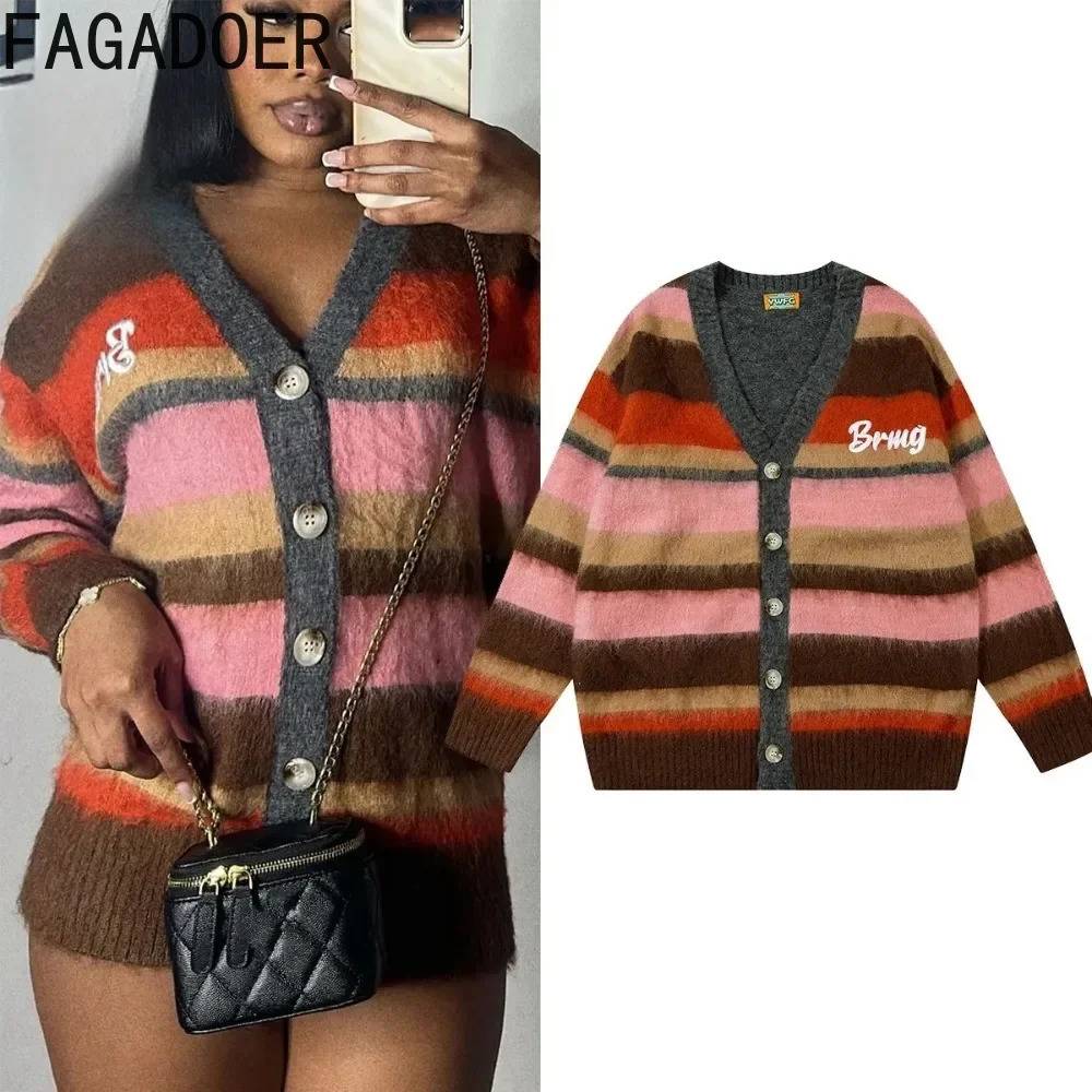 FAGADOER Letter Embroidery Sweet Knitting Cardigan Women Y2K Streetwear VNeck Color Block Loose Sweaters Coat Fashion 2025 241203