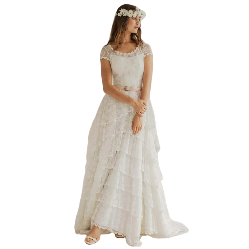 Vintage Bohemian Lace Wedding Dresses Tiered Boho Beach Bridal Gowns Scoop Neck Short Sleeves A Line Ivory Bride Dress 2025 Country Vestido De Novia