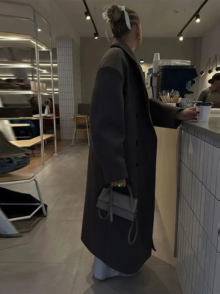 Casual Solid DoubleBreasted Long Coat Vintage Loose Turndown Collar Brown Maxi Coats Lady Winter Elegant Street Outwear 241202