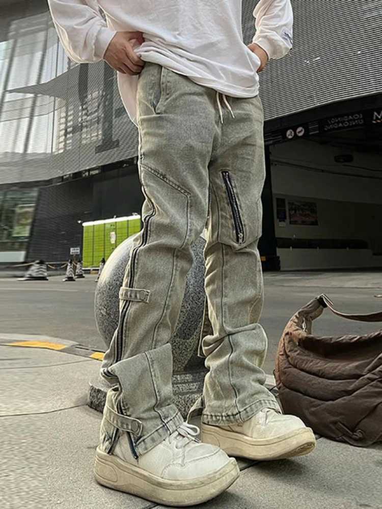 Straight jeans mens side zipper patch work ultra-thin fully matched Japanese style Harajuku streetwear denim Trouser autumn new collection M241207