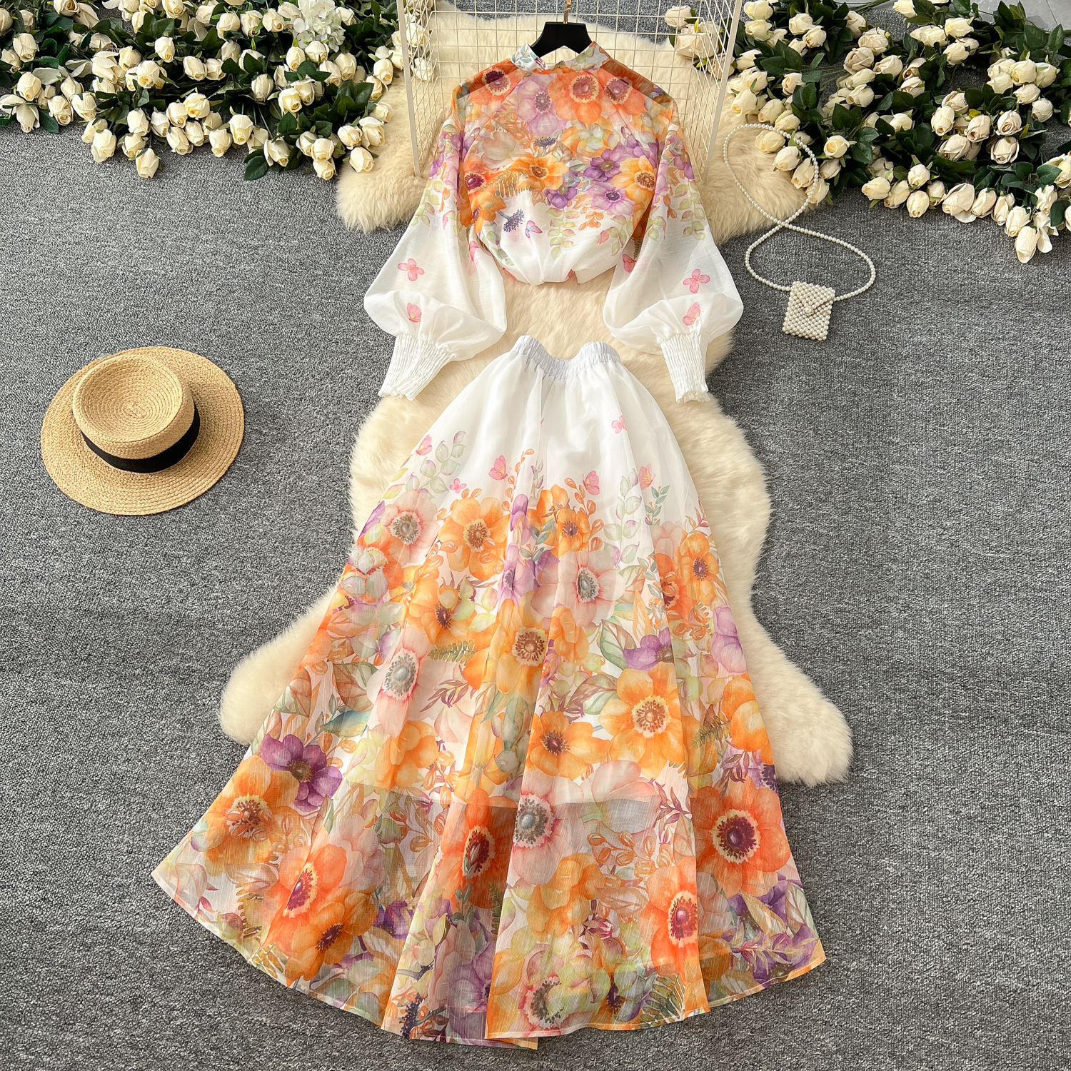 Two Dress Summer Holiday Gorgeous Wer Runway 2 Piece Set Women Long Lantern Sleeve Shirt Blouse And Elastic Waist A E Skirt Suit 2025