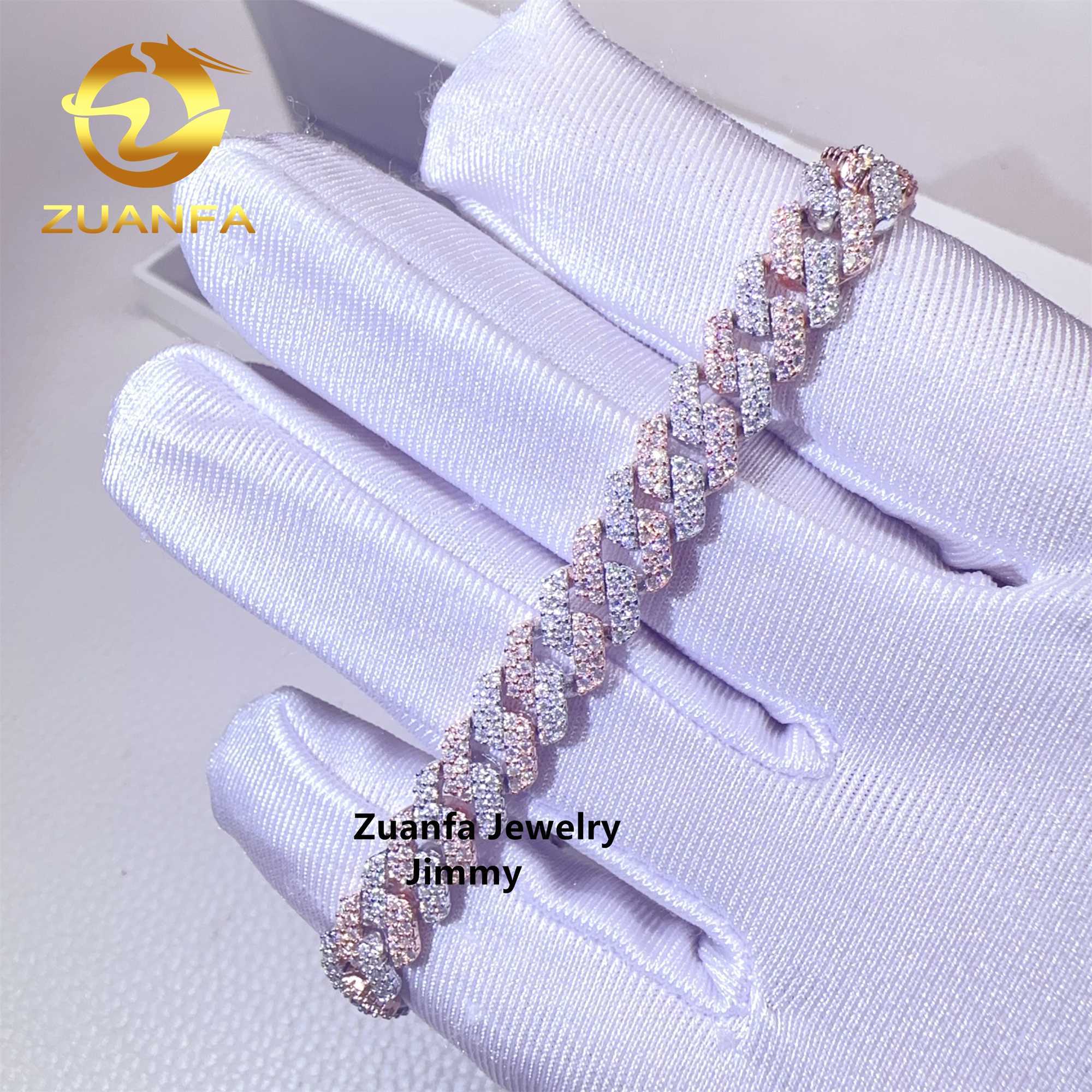 Two Tone Color 8mm 2 Rows 925 Solid Silver Iced Out Hip Hop Jewelry VVS1 Moissanite Diamond Cuban Link Chain Bracelet Men