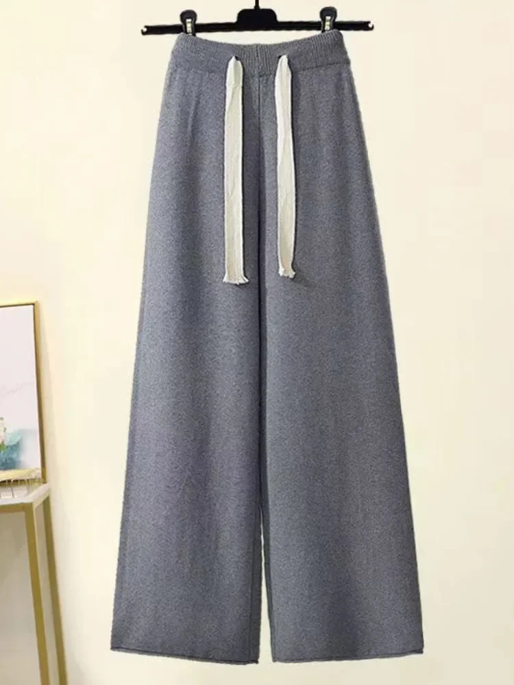 Winter Warm Knitted Set for Women Long Sleeve Half Collar Sweater Wide Leg Pants Loose Outfit N437 241206