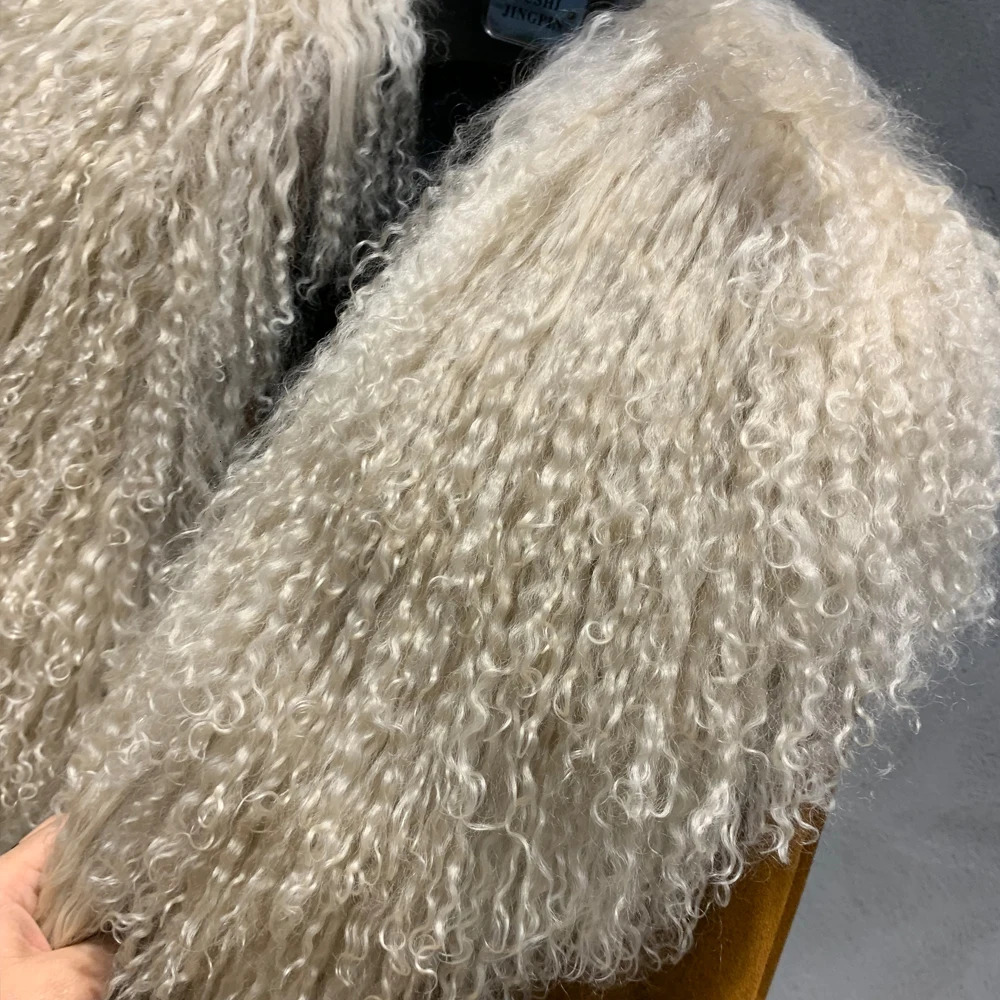 Suede coat fur collar womens autumn leather coat long Mongolian leather accessories 241202