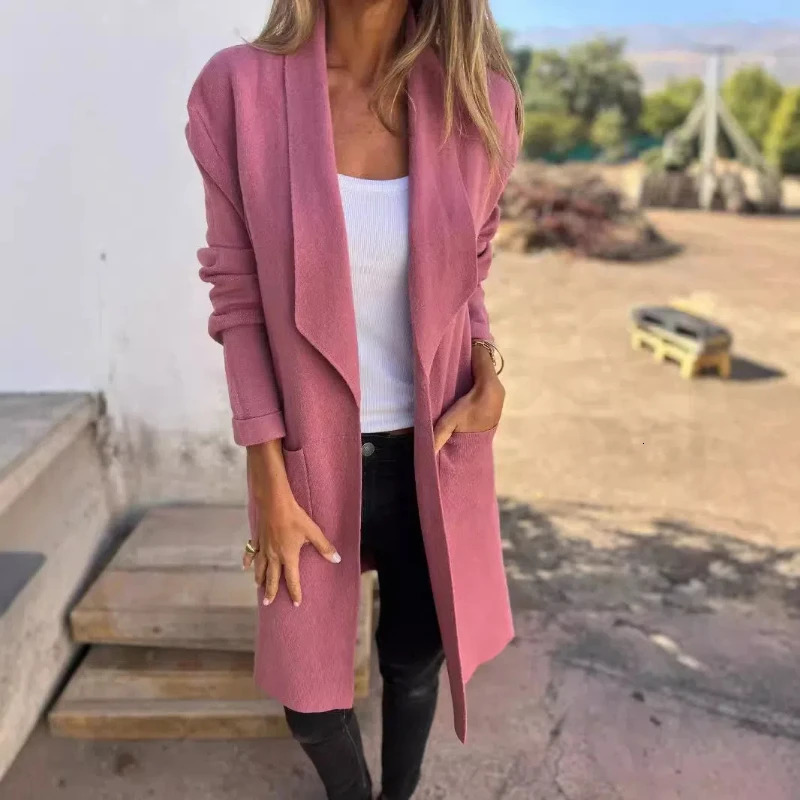 Flip Collar Mid Length Knitted Cardigan Thin Woolen Coat 241202