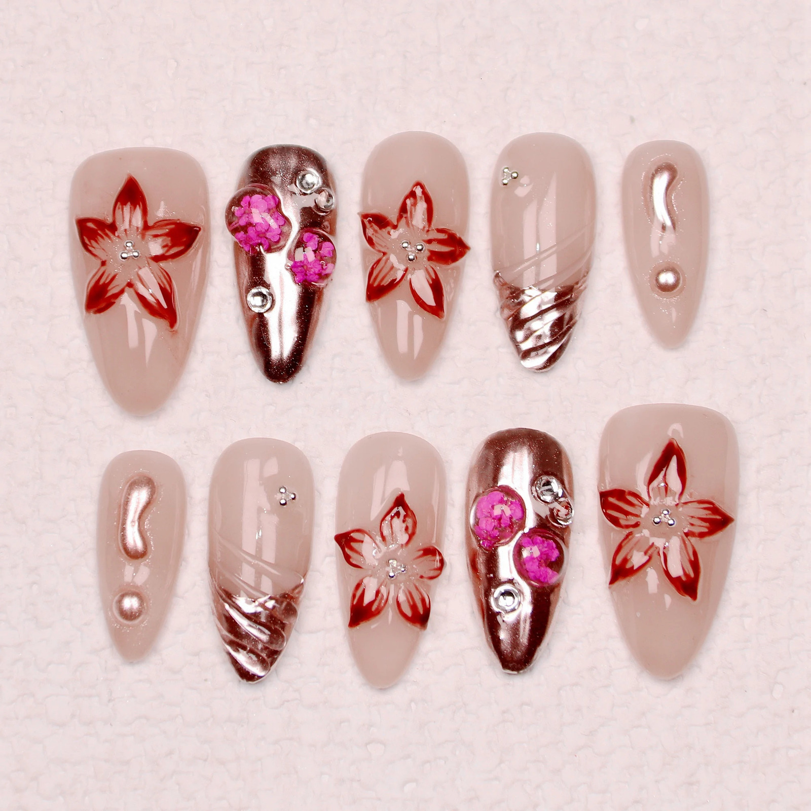 10Pcs Handmade Manicure Medium Almond Fake Nails Unique 3D Cut bow Flowers Press On Nails with Adhesive Nail File Set 241206