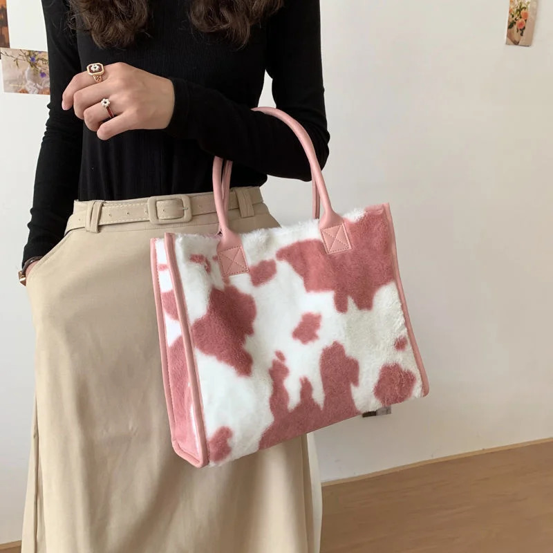 Womens Winter Handbag High Capacity Retro Leopard Pattern Fluffy Shoulder Bag Retro Plush Fashion Pink Brown Autumn 241205