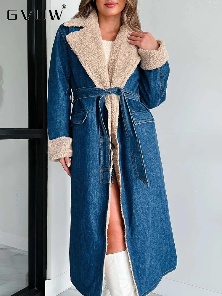 GVUW Collar Denim Womens Long Coat Full Sleeve Open Splicing Pocket 2024 Winter Retro Style Top 17G9092 241206