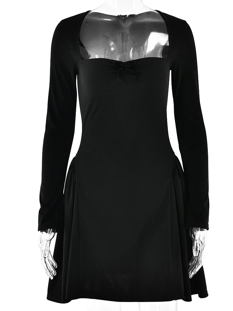 NIDANSI red long sleeved evening gown womens robe square neckline elegant sexy dress mini summer vest 241206