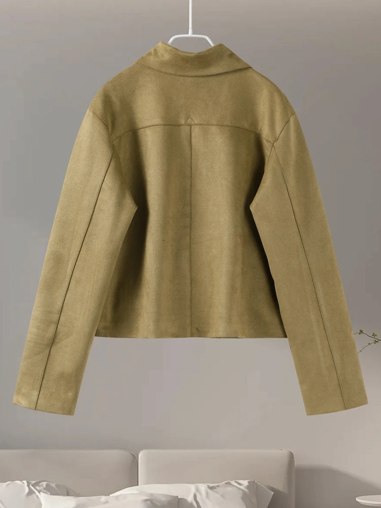 Retro Suede Jacket Elegant Single Breasted Lapel Brown Coats Female 2024 Autumn Winter Fashion Soft Pocket Outwears Lady 241205