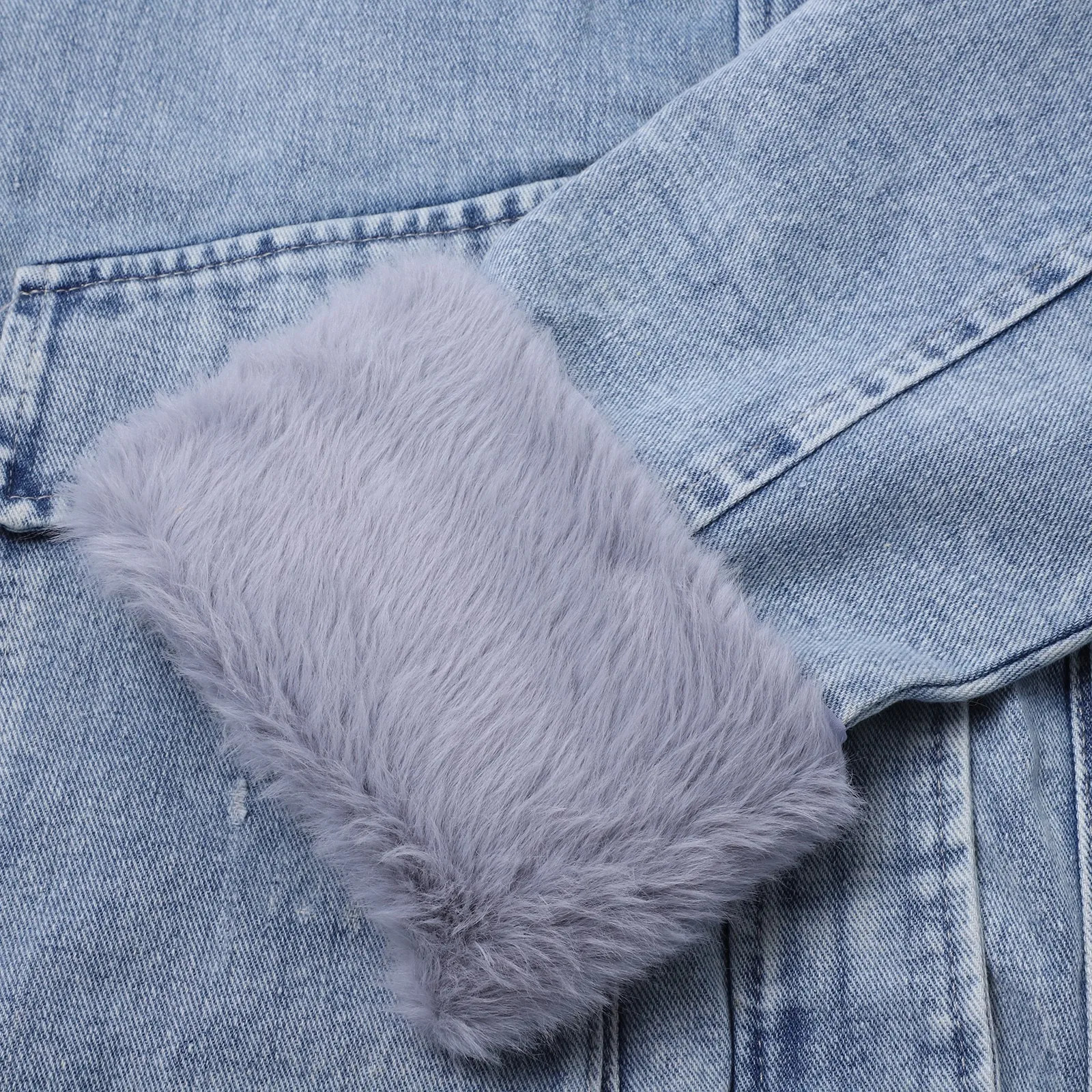 Blue wool thick denim jacket womens retro button tight short fur collar winter windproof loose 241206