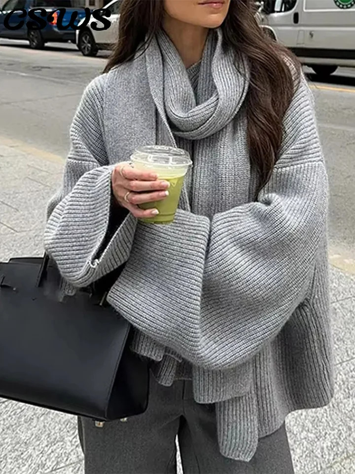 Elegant loose sweater with scarf womens solid full sleeves single chest O-neck womens pull-out fashionable loose womens knitted sweater 241205