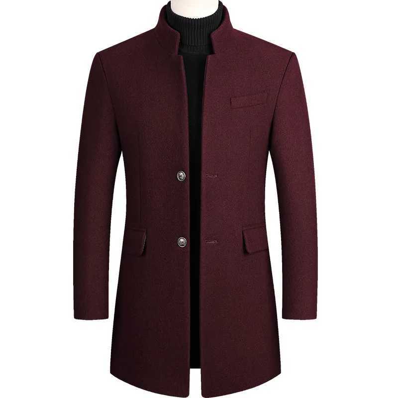 Mens coat mens winter wine red coat plus size wool blend coat long mens windproof coat cotton thick warm coat mens jacket X241207