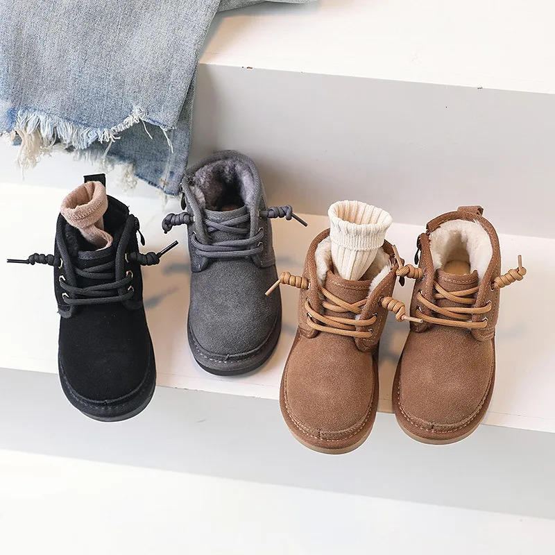 Children Snow Boots Girls Boys Toddler Real Sheepskin Thick Plush Warm Winter Boot Kids Baby Suede Soft Sole Shoes Size 21-37 241206