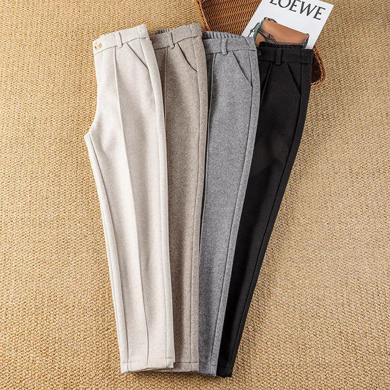 Casual wool thick harem pants for women high waisted velvet lined solid wool blend pants for winter warmth chiffon chic Calca 241202