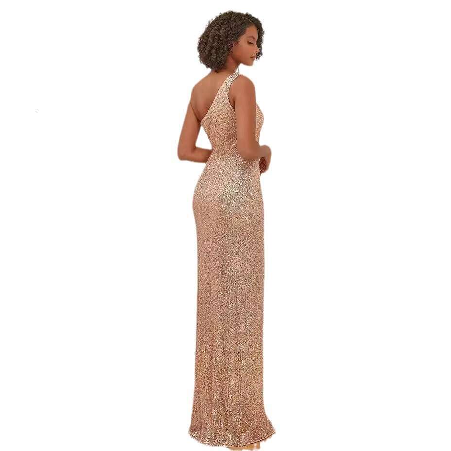 spring and summer banquet design sense, one shoulder sequin gold heavy industry evening women's fishtail dress dress, 2024 temperament versatile 