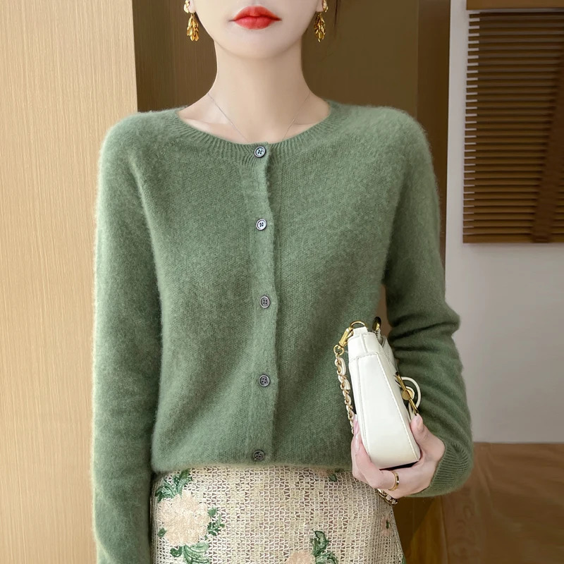 100 Merino wool long sleeved sweater cashmere cardigan spring and autumn womens Oneck knitted top fashionable basic 241206