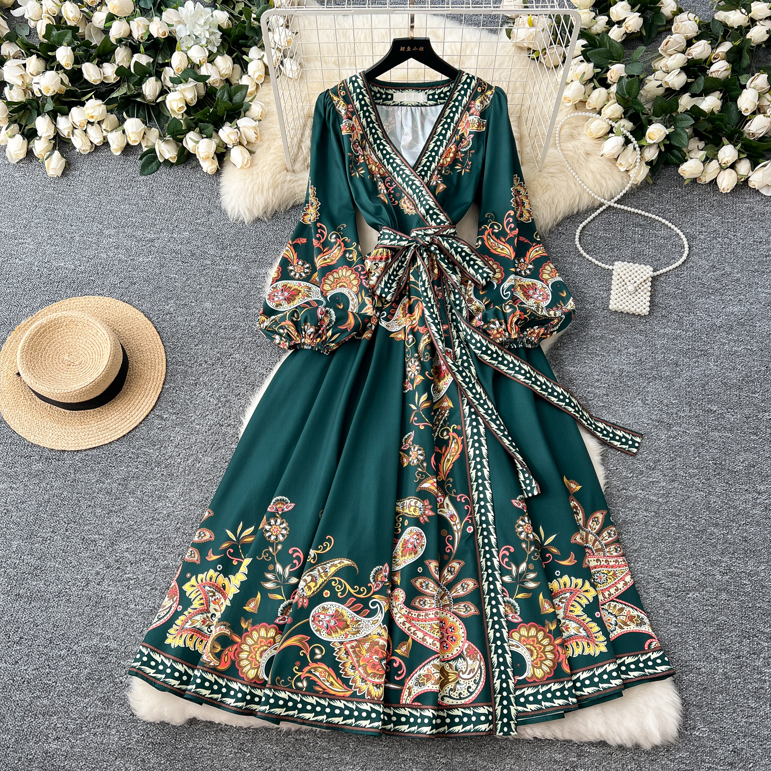 Casual Dresses Autumn Retro Bohemian Paisley Dress Holiday Cross V Neck Lantern Sleeve Vintage Print Bandage Lace Up Robe Vestidos Maxi Clothes 2025