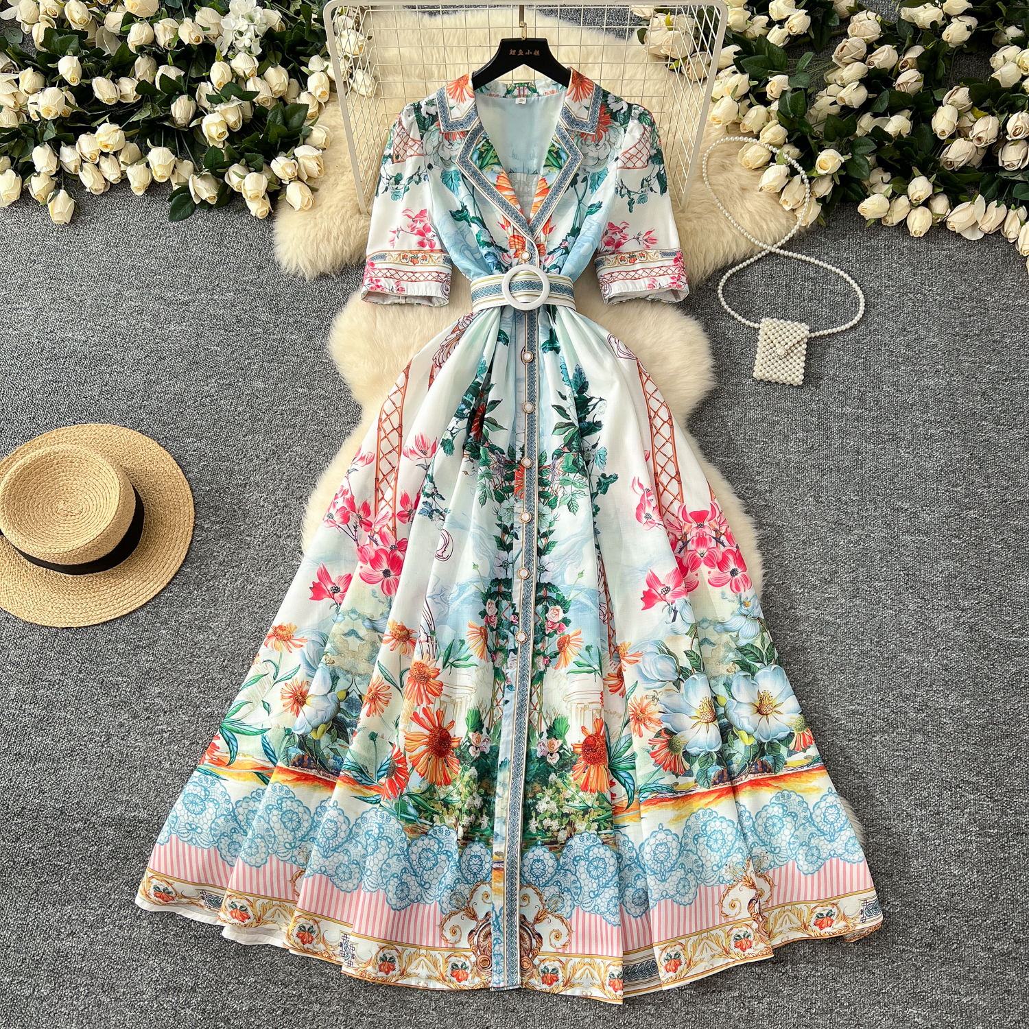 Runway Women Dresses Summer Holiday Flower Linen Robe Dress Women Short Sleeve Notched Belt A-line Beach Party Vestido Pearls Buttons Up Maxi Clothes