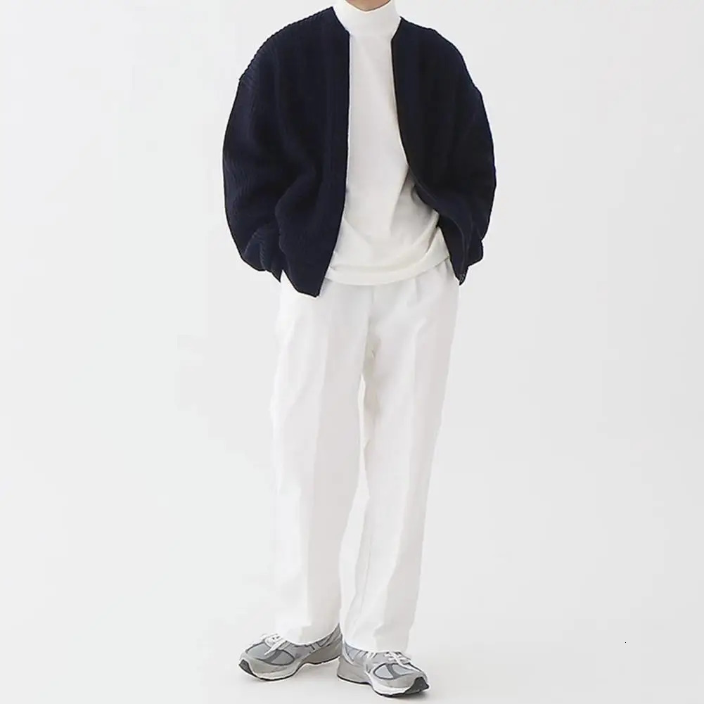 Mens collarless knitted sweater jacket with zipper pocket autumn 241206