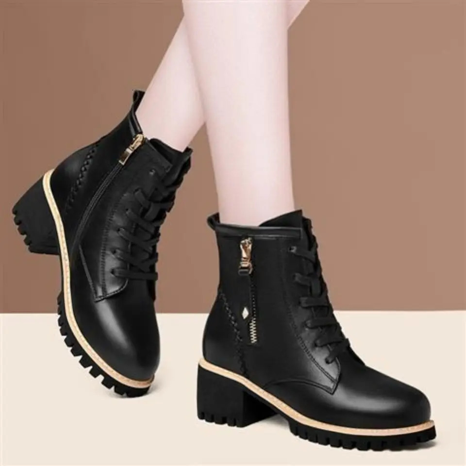 Ankle Autumn British Style Genuine Leather Thick Belt Fur Womens Short Boots Motorcycle 241206