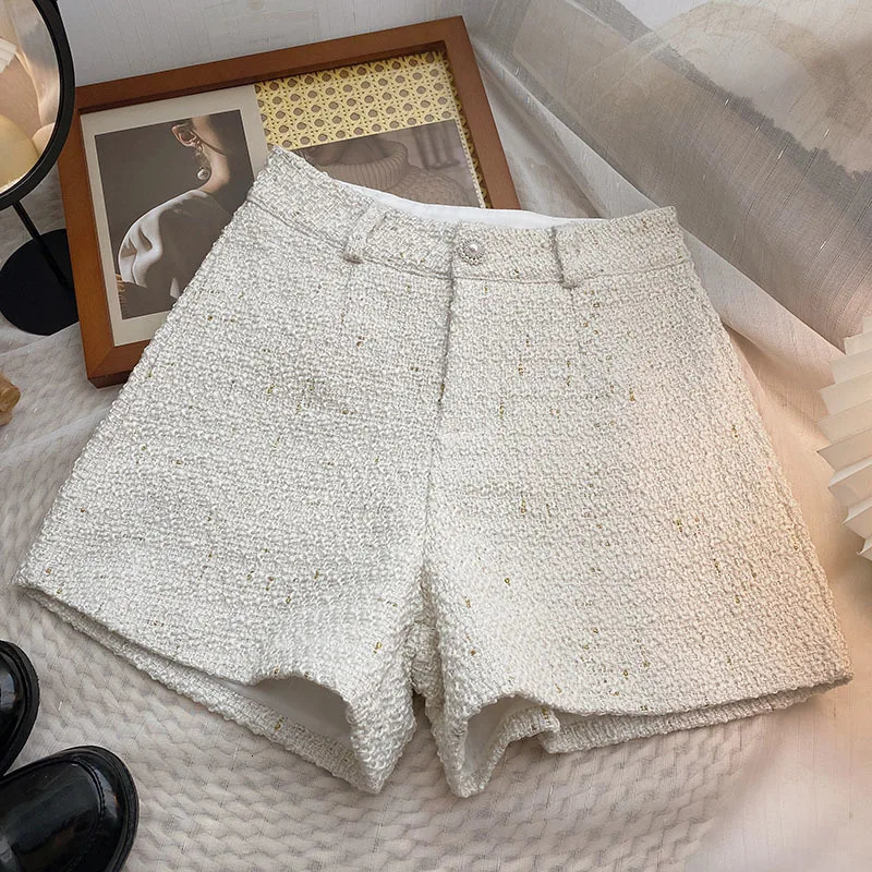 Womens casual shorts with spring solid high waist A-line coarse tweed Korean fashion womens shorts retro wide leg Trouser 241206