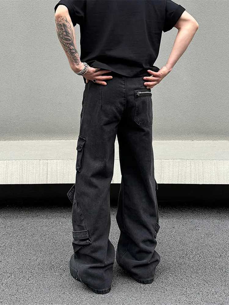 High Quality Cyber Y2K Streetwear Black Multi Pocket Jeans Mens Cargo Pants Designer Clothing Straight Trousers Pantalon Homme T241207