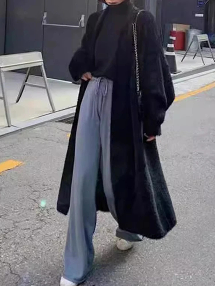 Autumn and winter lazy style warm knee thick womens cardigan pure mink wool knitted sweater coat 241206