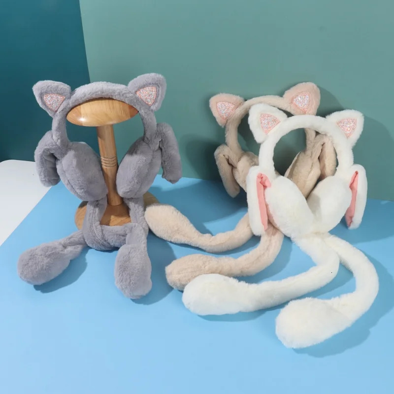 Interesting plush cat earmuffs mobile jumping cat earmuffs cute unisex childrens earmuffs solid color 241205