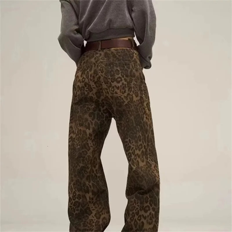 Tan Leopard Jean Denim Pants Female Oversize Wide Leg Trousers Streetwear Hip Hop Vintage Clothes Loose Casual 241203