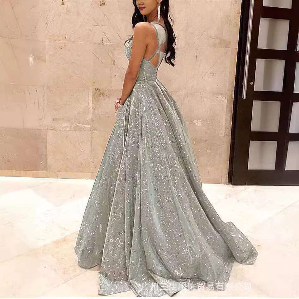 European and American strapless shiny long style A-e slimming evening dress 2024 new casual versatile fashion clothing