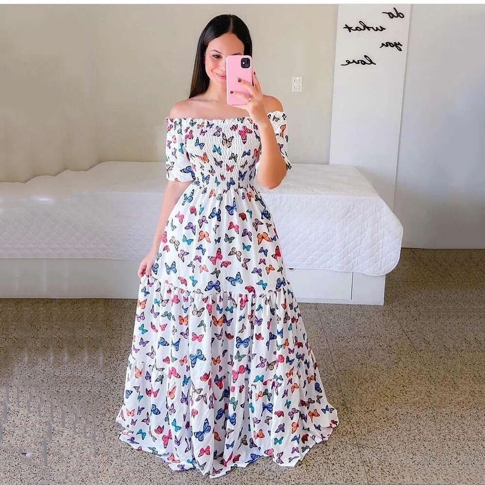 Spring/Summer European and American Women's Dress One ral Off Shoulder Long Printed Skirt 2024 New Casual Versatile Fashion Clothing