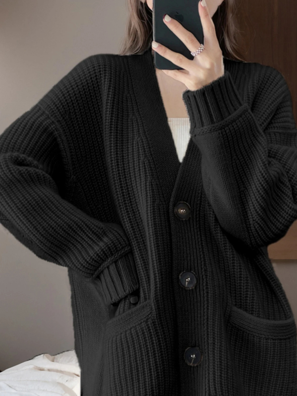 Cashmere blend wool soft winter warm knit Vneck womens cardigan sweater Korean fashion casual loose long sleeved jacket 241206