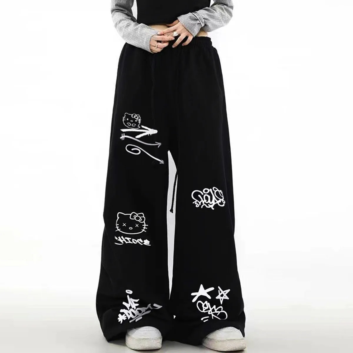 American Street Hip Hop Jazz Graffiti Hanging Straight Leg Sweater High Waist Loose Dance Wide Casual Pants 241206