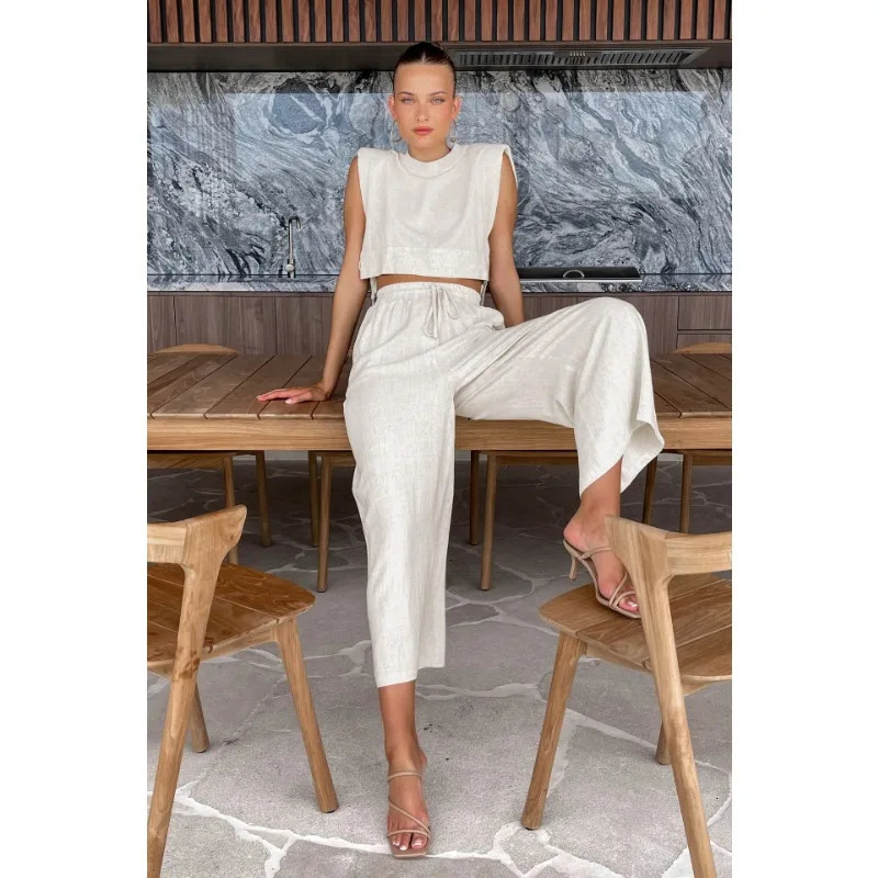 Cotton linen pants set khaki summer womens 2-piece fashionable lace top casual elastic waist loose pants set 241205
