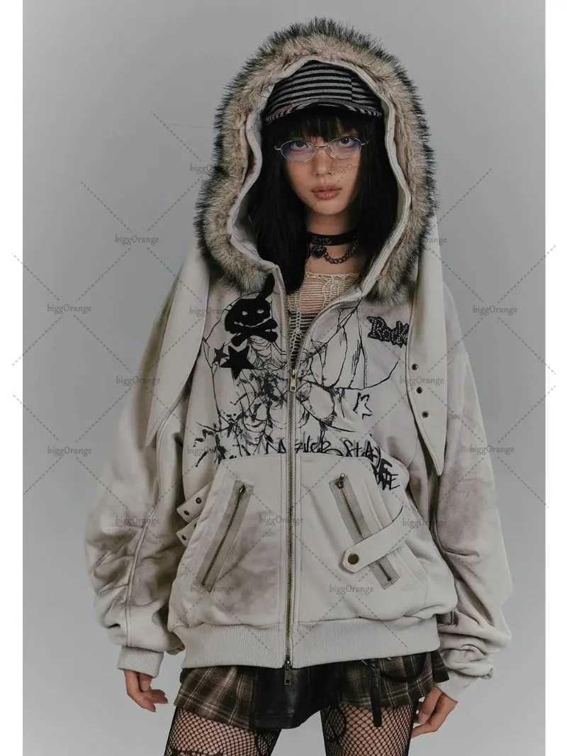 Gothic Dark Harajuku Fur Collar Clothing Personalized Rabbit Ears Hoodie European and American High Stripe Zipper Sweatshirt X241207