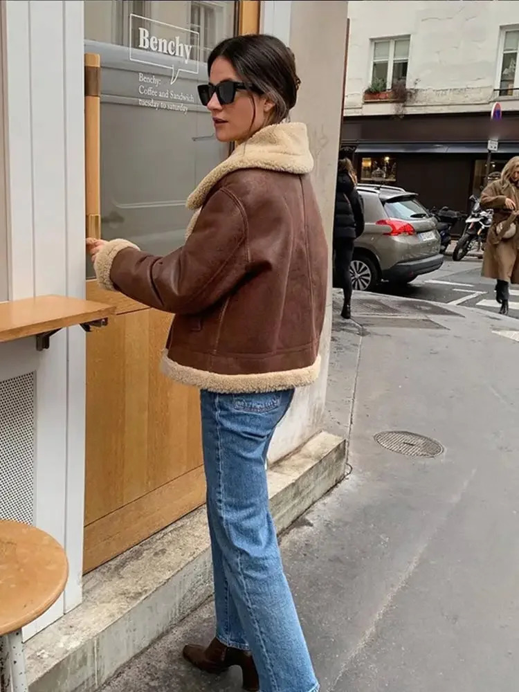 Elegant Solid Lamb Woolen Patchwork Leather Thicken Jacket Women Chic Lapel Long Sleeve Zipper Coat Autumn Winter Lady Outerwear 241205