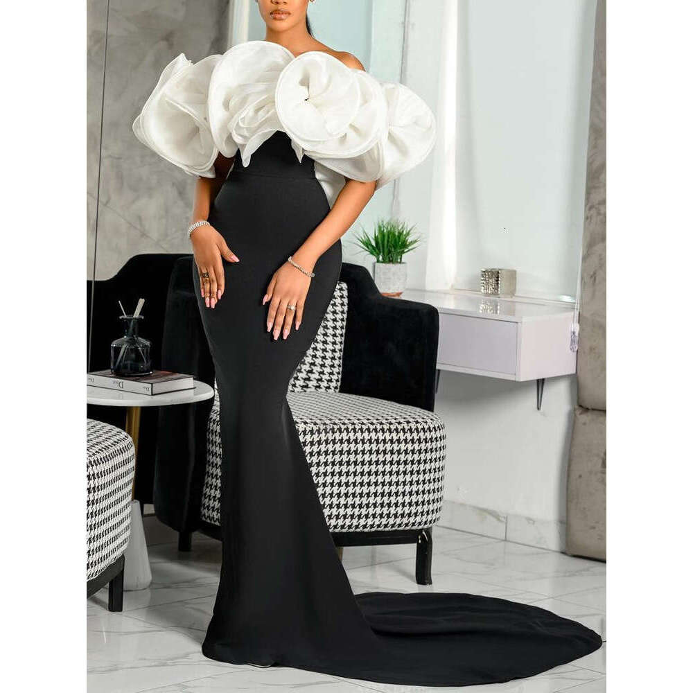 black long dress with high waist chest wrapped design, slim fit and slit style, commuting big swing dress, 2024 versatile new trendy clothing ins