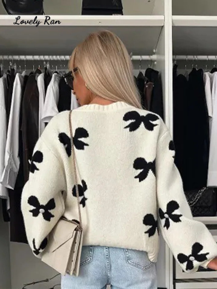 Bow Lace Up Knitted Women Sweater Preppy Hollow Out Oneck Long Sleeve Female Cardigan Autumn Print Patchwork Lady Knitwear 241203