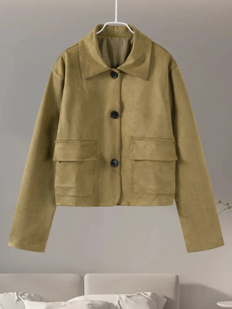 Retro Suede Jacket Elegant Single Breasted Lapel Brown Coats Female 2024 Autumn Winter Fashion Soft Pocket Outwears Lady 241205
