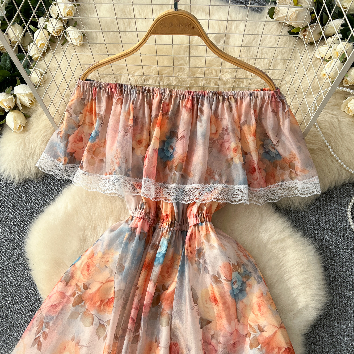Summer New Casual Dresses 2025 Summer Gorgeous Flower Chiffon Holiday Dress Womens Sexy Off Shoulder Floral Print Lace Trims Elastic Waist Maxi Vest