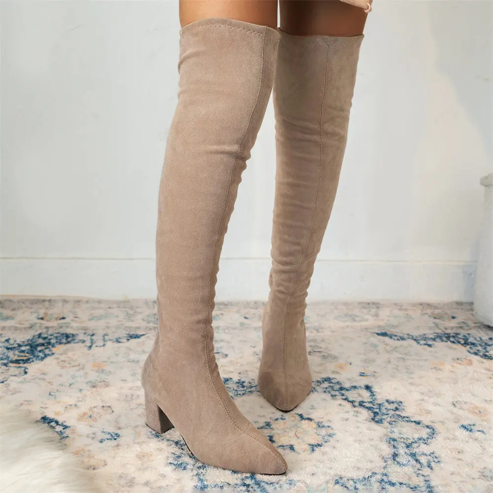 classic sexy womens over the knee boots elegant Block high heels elastic and stretchy party size 42 241206