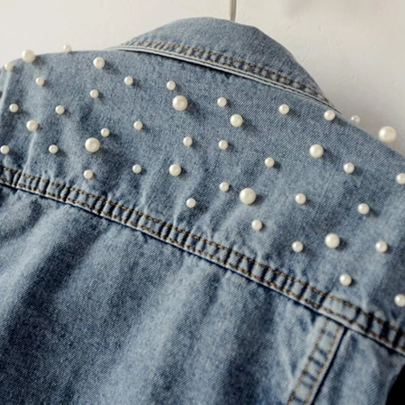 Womens denim jacket embroidered with pearl bead 241206