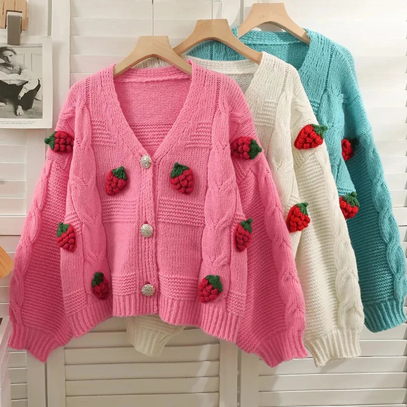Korean fashion pink strawberry womens sweater autumnwinter long sleeved knitted cardigan single chest jacket 241206